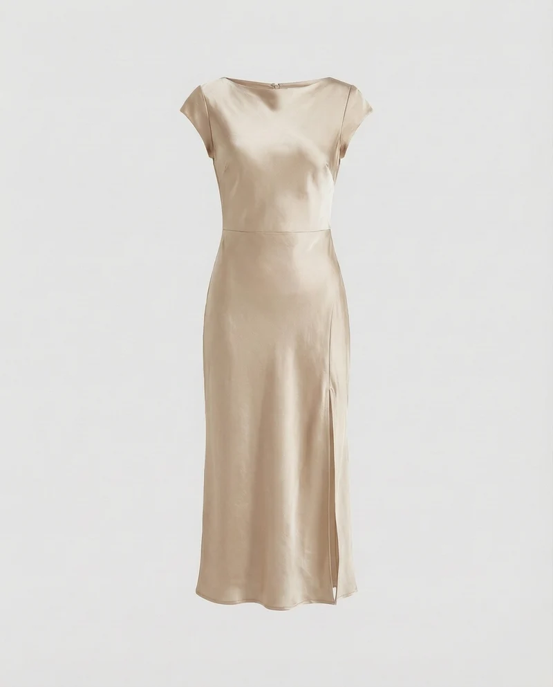 Damen seidig-fallendes Midikleid im Schrägschnitt mit Kappärmeln, taillierter Passform und seitlichem Beinschlitz