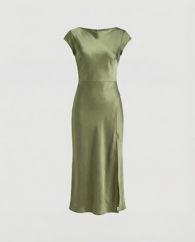 Damen seidig-fallendes Midikleid im Schrägschnitt mit Kappärmeln, taillierter Passform und seitlichem Beinschlitz