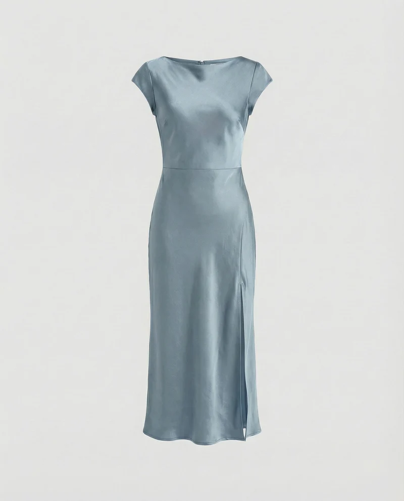 Damen seidig-fallendes Midikleid im Schrägschnitt mit Kappärmeln, taillierter Passform und seitlichem Beinschlitz