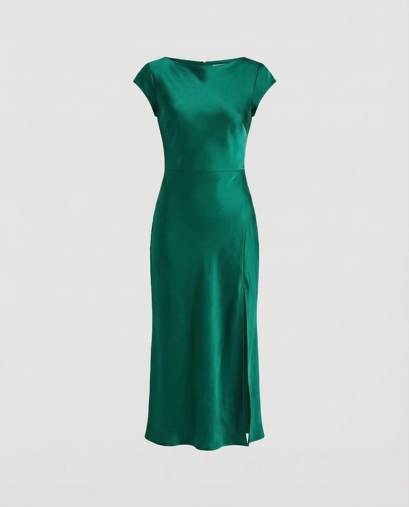 Damen seidig-fallendes Midikleid im Schrägschnitt mit Kappärmeln, taillierter Passform und seitlichem Beinschlitz