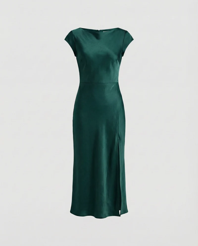 Damen seidig-fallendes Midikleid im Schrägschnitt mit Kappärmeln, taillierter Passform und seitlichem Beinschlitz
