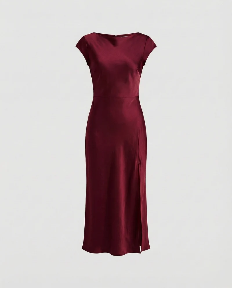 Damen seidig-fallendes Midikleid im Schrägschnitt mit Kappärmeln, taillierter Passform und seitlichem Beinschlitz