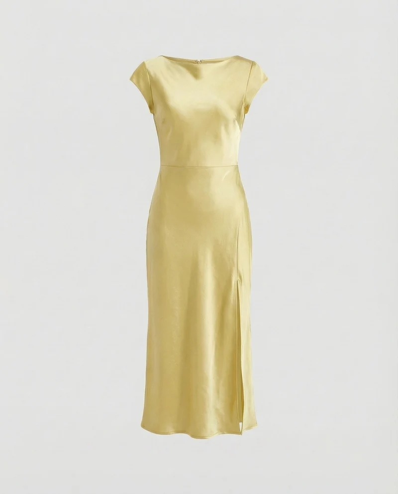Damen seidig-fallendes Midikleid im Schrägschnitt mit Kappärmeln, taillierter Passform und seitlichem Beinschlitz