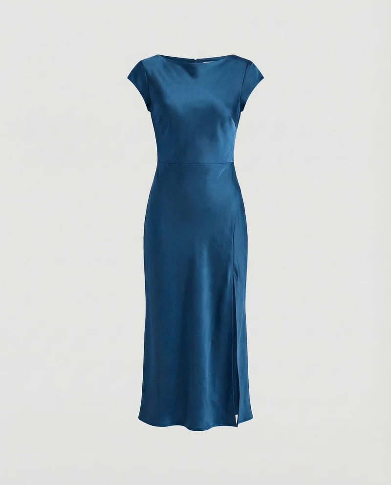 Damen seidig-fallendes Midikleid im Schrägschnitt mit Kappärmeln, taillierter Passform und seitlichem Beinschlitz