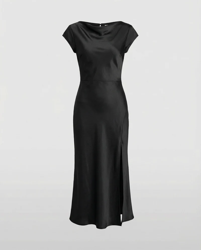 Damen seidig-fallendes Midikleid im Schrägschnitt mit Kappärmeln, taillierter Passform und seitlichem Beinschlitz