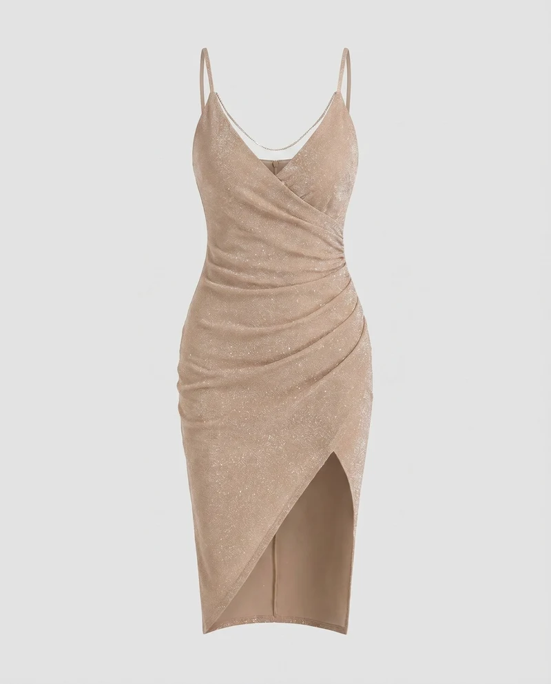 Damen Glitzer-Minikleid Ketten-Detail Beinschlitz Spaghettiträger