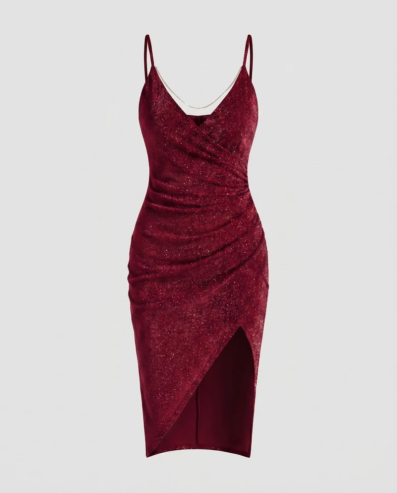 Damen Glitzer-Minikleid Ketten-Detail Beinschlitz Spaghettiträger