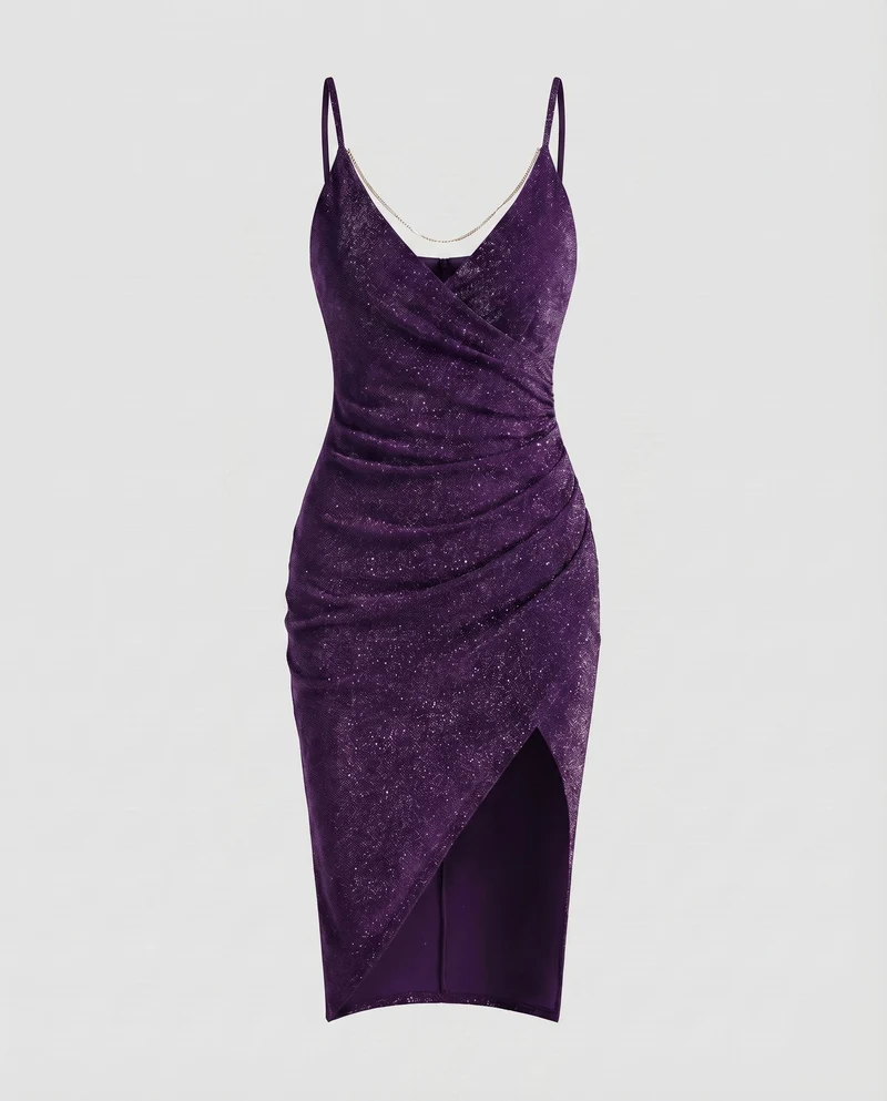Damen Glitzer-Minikleid Ketten-Detail Beinschlitz Spaghettiträger
