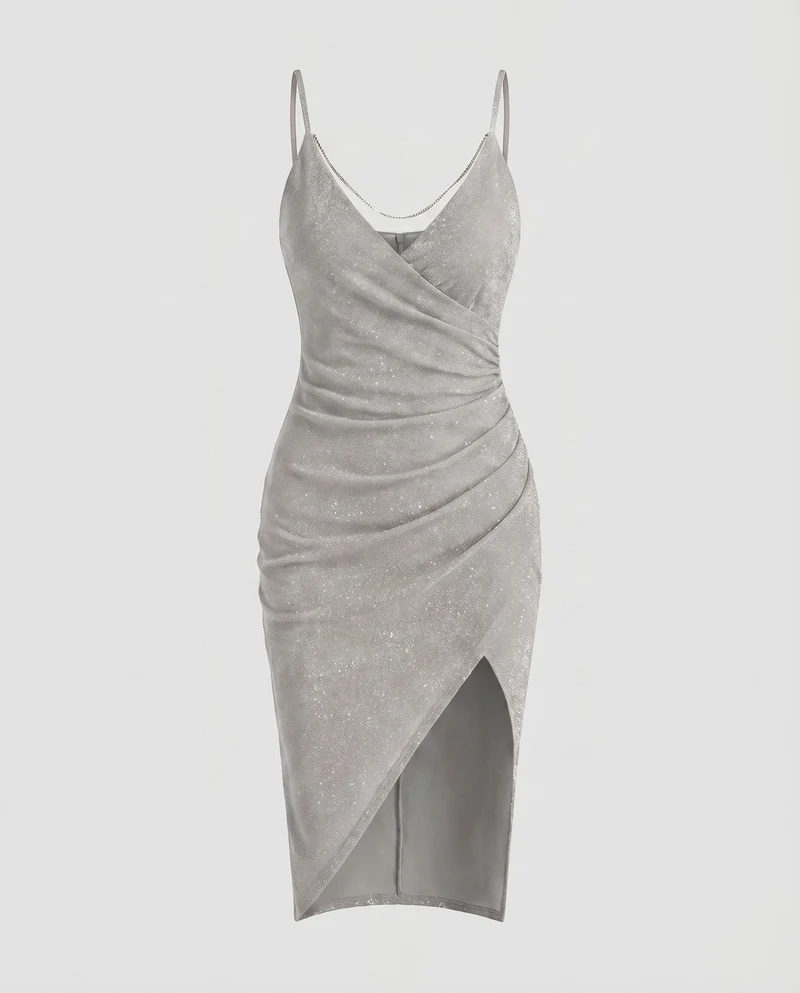 Damen Glitzer-Minikleid Ketten-Detail Beinschlitz Spaghettiträger