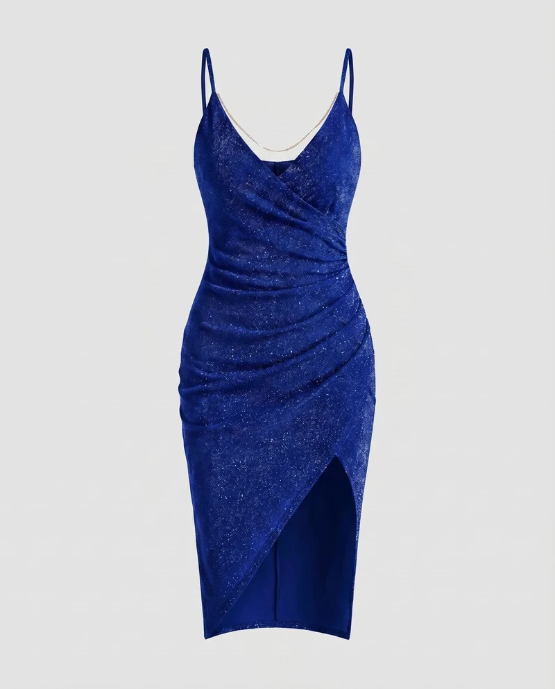 Damen Glitzer-Minikleid Ketten-Detail Beinschlitz Spaghettiträger