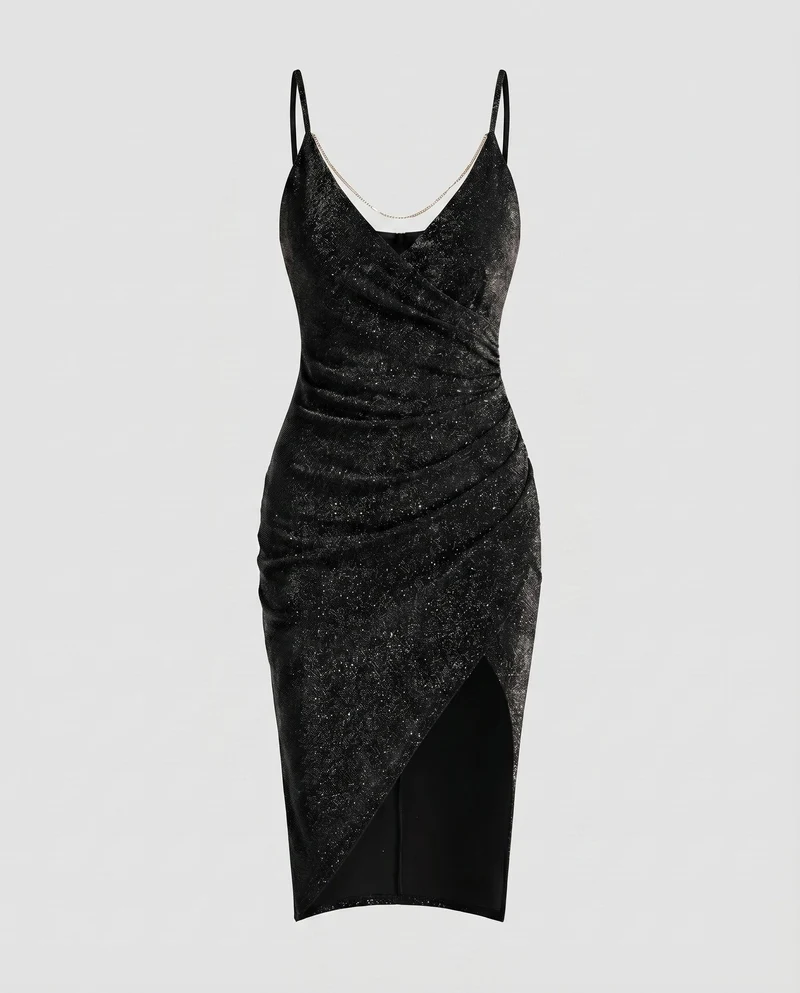 Damen Glitzer-Minikleid Ketten-Detail Beinschlitz Spaghettiträger