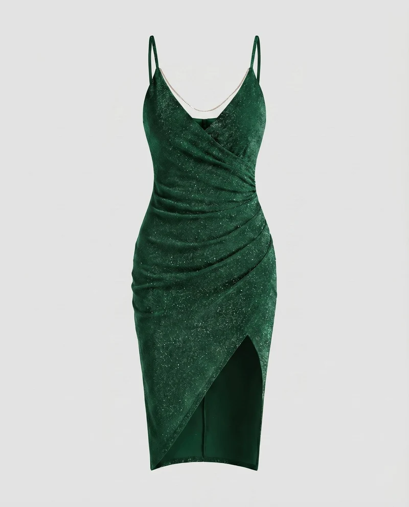 Damen Glitzer-Minikleid Ketten-Detail Beinschlitz Spaghettiträger