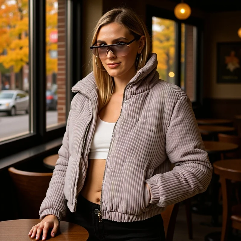 Damen Gepolsterte Cord-Steppjacke mit Stehkragen und elastischem Saum Nord Taschen