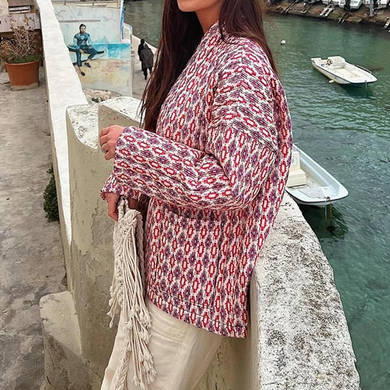 Damen Gemusterte Kimono-Steppjacke mit offener Front und aufgesetzten Taschen Nord Taschen