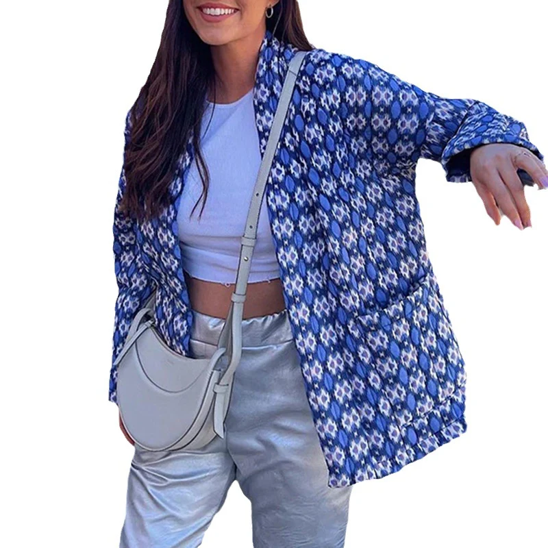 Damen Gemusterte Kimono-Steppjacke mit offener Front und aufgesetzten Taschen Nord Taschen