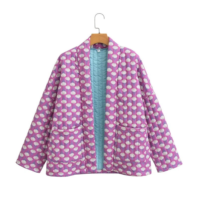 Damen Gemusterte Kimono-Steppjacke mit offener Front und aufgesetzten Taschen Nord Taschen