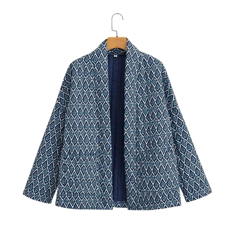 Damen Gemusterte Kimono-Steppjacke mit offener Front und aufgesetzten Taschen Nord Taschen