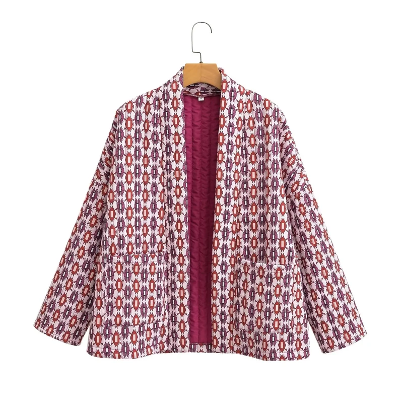 Damen Gemusterte Kimono-Steppjacke mit offener Front und aufgesetzten Taschen Nord Taschen