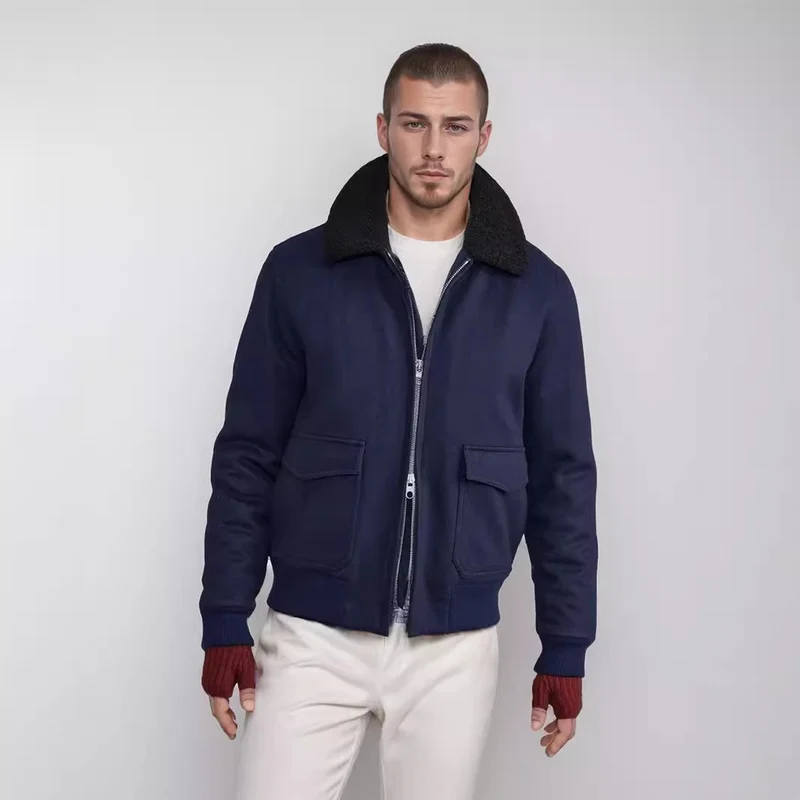 Herren Pilotjacke im Fliegerstil mit Teddykragen, Zwei‑Wege‑Reißverschluss und aufgesetzten Klappentaschen Nord Taschen