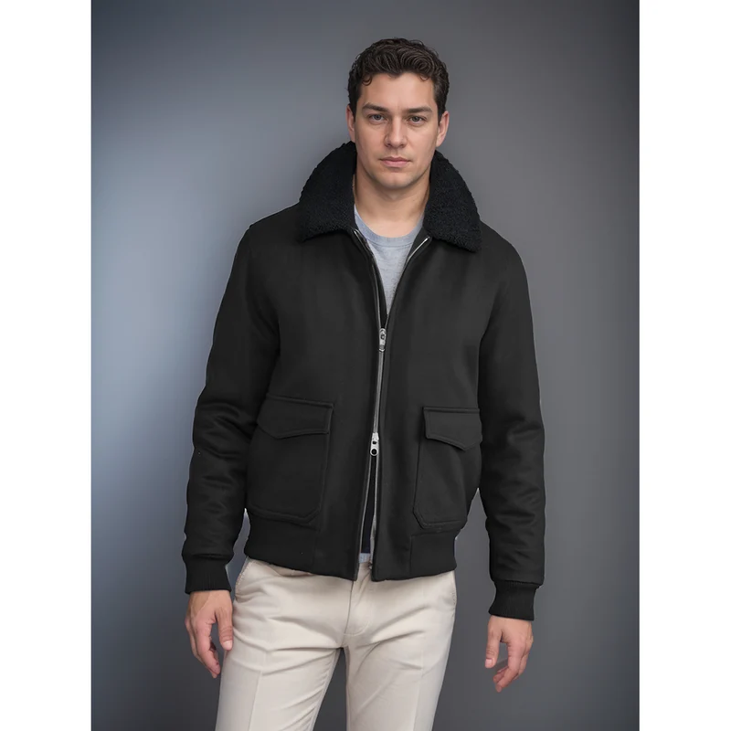 Herren Pilotjacke im Fliegerstil mit Teddykragen, Zwei‑Wege‑Reißverschluss und aufgesetzten Klappentaschen Nord Taschen
