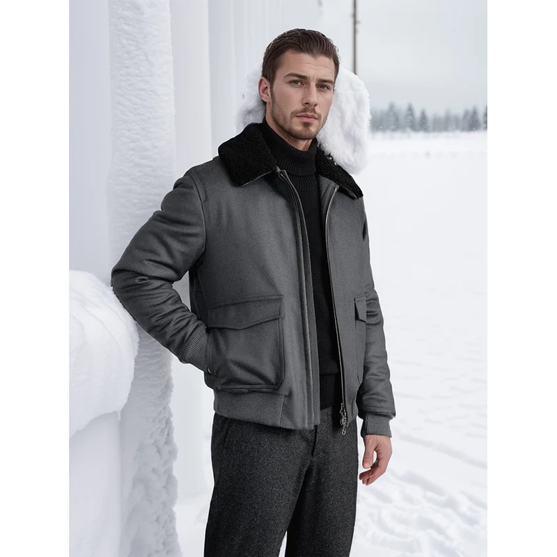 Herren Pilotjacke im Fliegerstil mit Teddykragen, Zwei‑Wege‑Reißverschluss und aufgesetzten Klappentaschen Nord Taschen