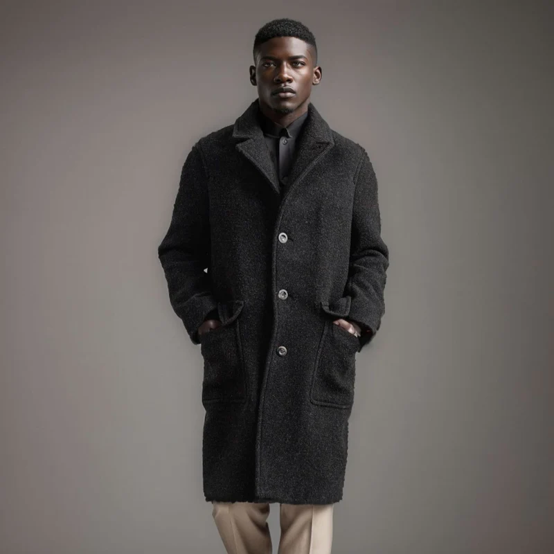 Herren Mid‑Length Teddy‑Wollmantel mit aufgesetzten Eingrifftaschen und Stehkragen Nord Taschen