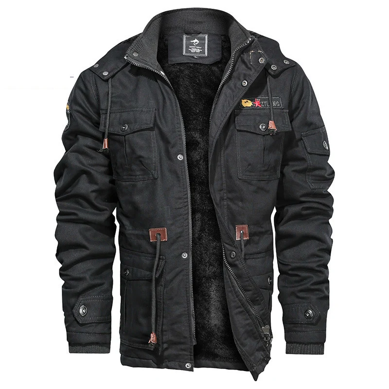 Herren Militärinspirierte Canvas-Fieldjacke mit Kapuze, Kordzug‑Taille und Fleece‑Innenfutter Nord Taschen