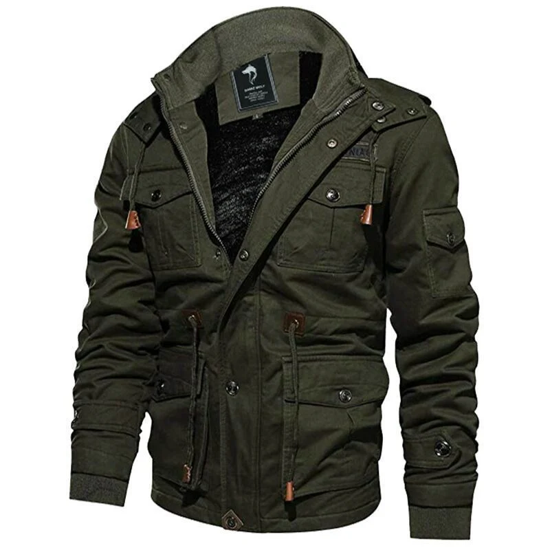 Herren Militärinspirierte Canvas-Fieldjacke mit Kapuze, Kordzug‑Taille und Fleece‑Innenfutter Nord Taschen