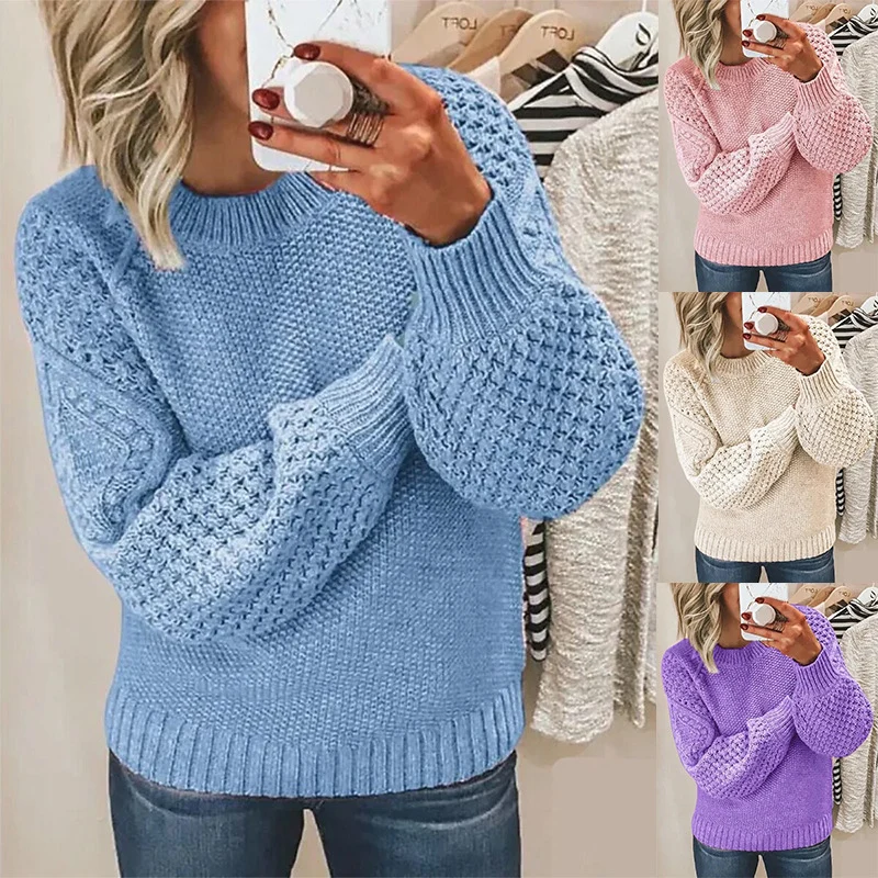 Damen Grobgestrickter Pullover mit Zopfmuster und Ballonärmeln Nord Taschen