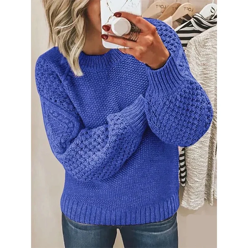 Damen Grobgestrickter Pullover mit Zopfmuster und Ballonärmeln Nord Taschen