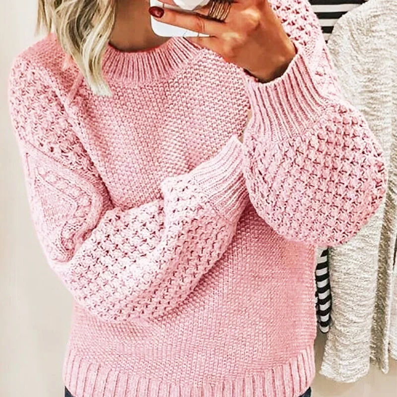 Damen Grobgestrickter Pullover mit Zopfmuster und Ballonärmeln Nord Taschen