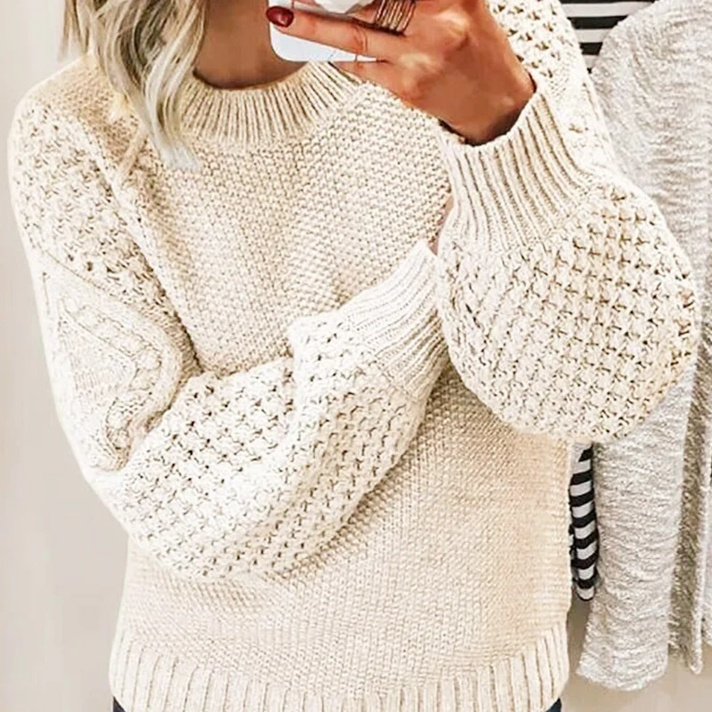 Damen Grobgestrickter Pullover mit Zopfmuster und Ballonärmeln Nord Taschen