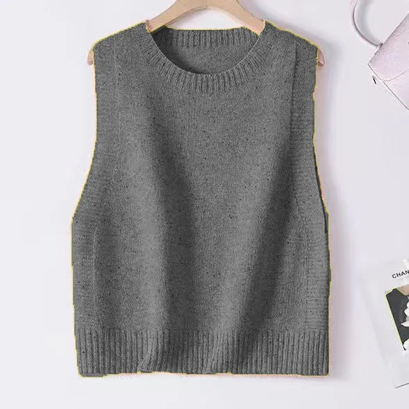 Damen Gestrickte Oversize-Ärmellose Weste mit Rundhalsausschnitt und Rippbündchen Nord Taschen