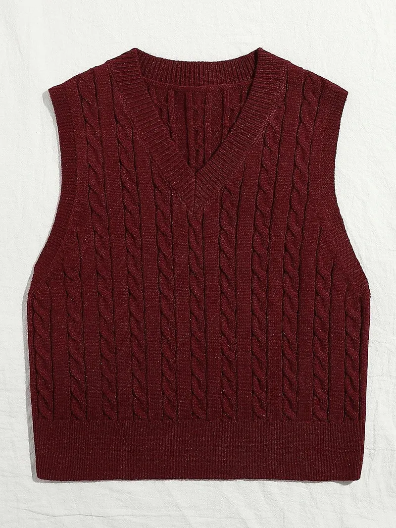 Damen Gestrickte ärmellose Zopfmuster-Pulloverweste mit V-Ausschnitt Nord Taschen