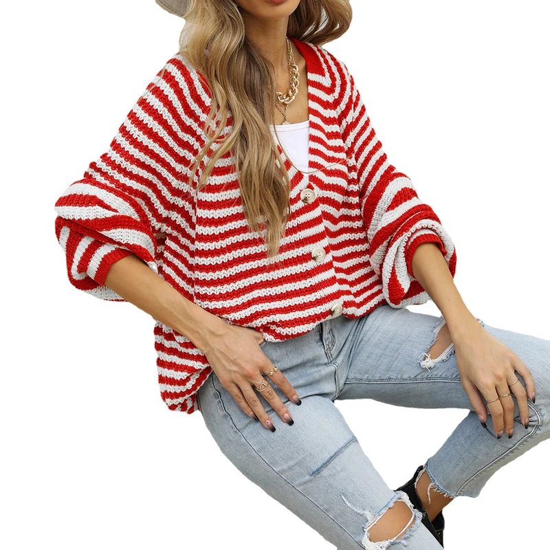 Damen gestreifte oversized Strickjacke mit V-Ausschnitt und Knopfleiste Nord Taschen