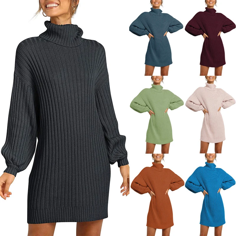 Damen Geripptes Rollkragen-Minikleid mit Oversize-Silhouette und Ballonärmeln Nord Taschen