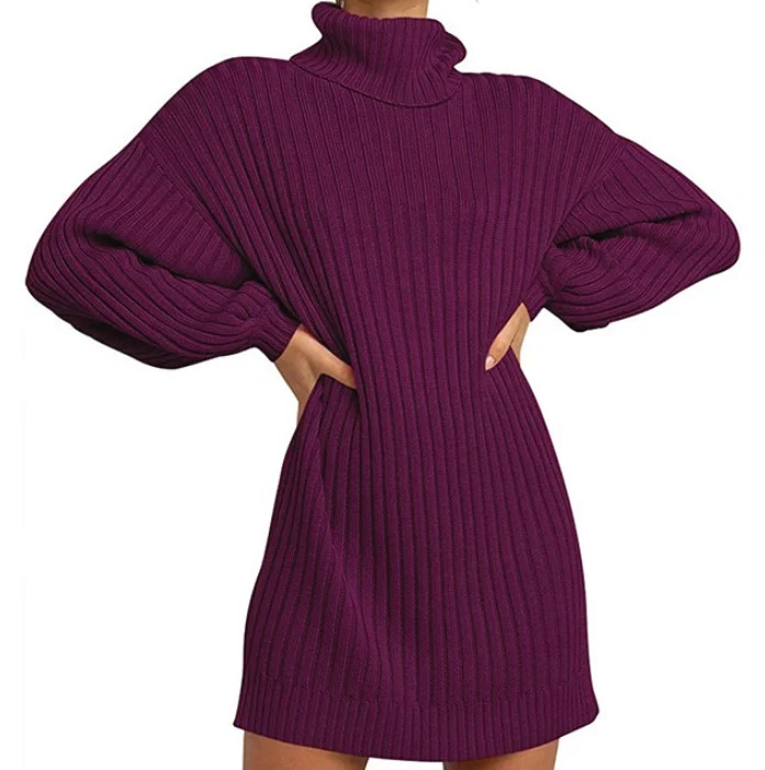 Damen Geripptes Rollkragen-Minikleid mit Oversize-Silhouette und Ballonärmeln Nord Taschen