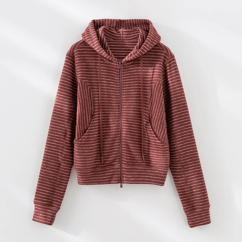 Damen Gestrickte Kapuzenjacke mit Reißverschluss und feinem Streifenmuster Nord Taschen