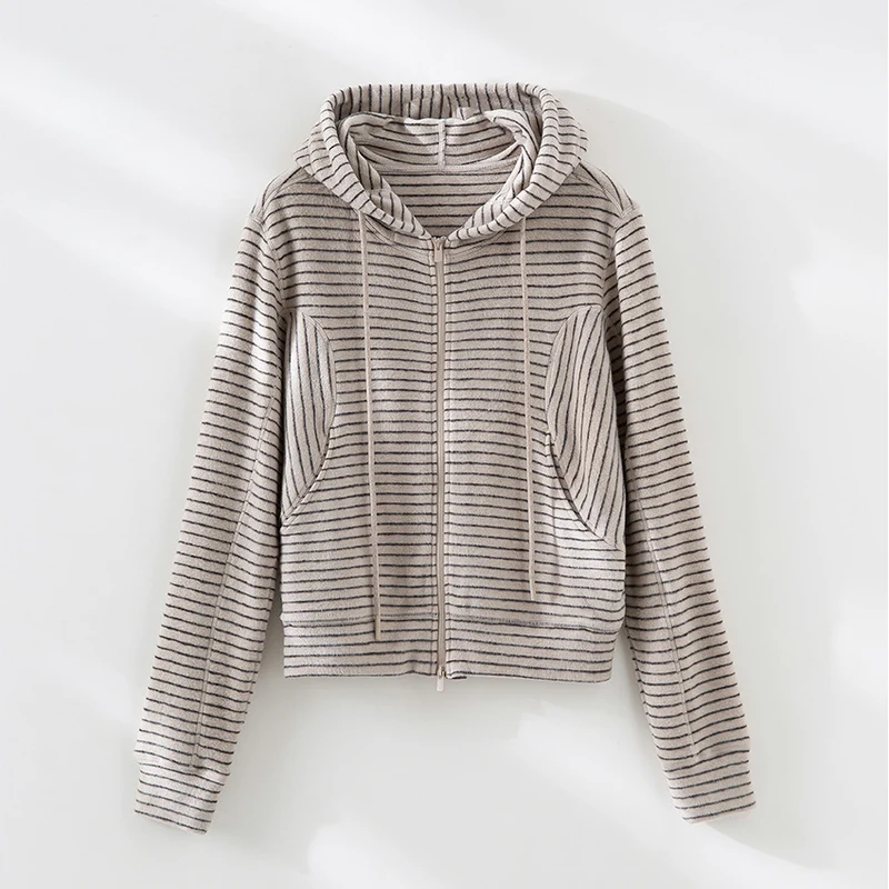 Damen Gestrickte Kapuzenjacke mit Reißverschluss und feinem Streifenmuster Nord Taschen