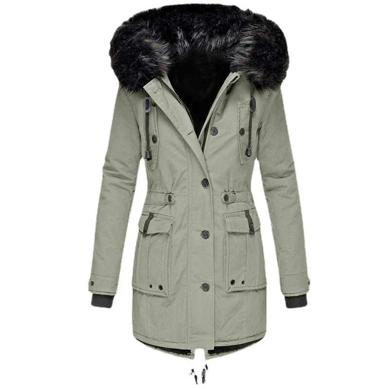 Damen Gefütterter Parka mit abnehmbarer Kunstfellkapuze, taillierter Silhouette und Utility‑Taschen Nord Taschen
