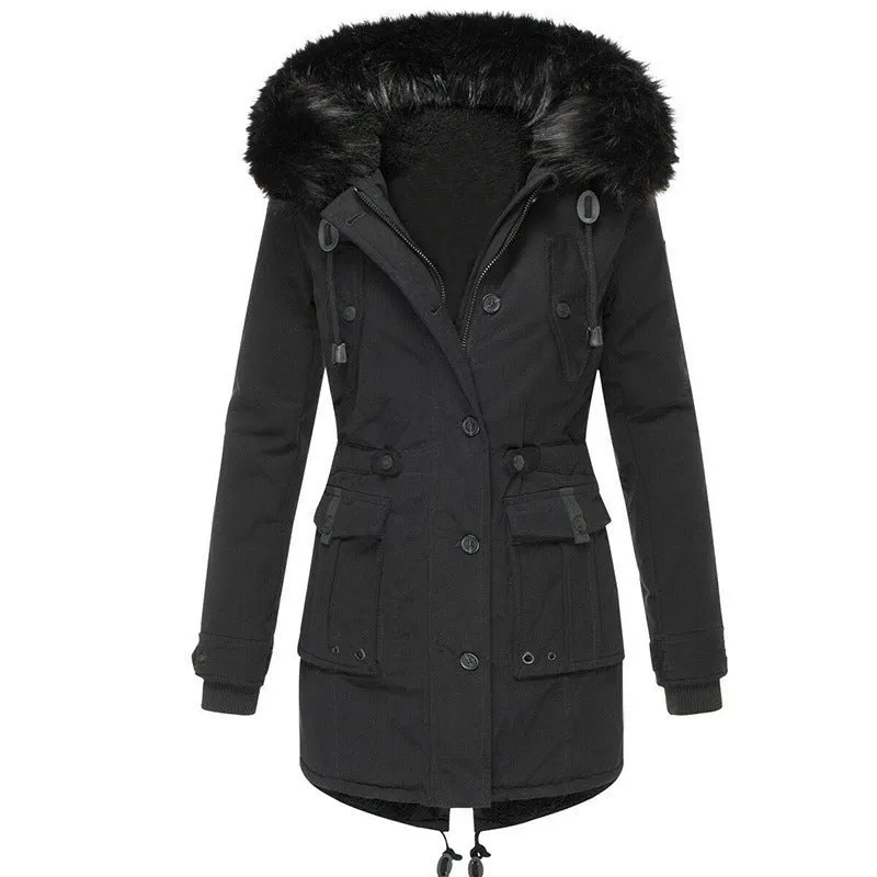 Damen Gefütterter Parka mit abnehmbarer Kunstfellkapuze, taillierter Silhouette und Utility‑Taschen Nord Taschen