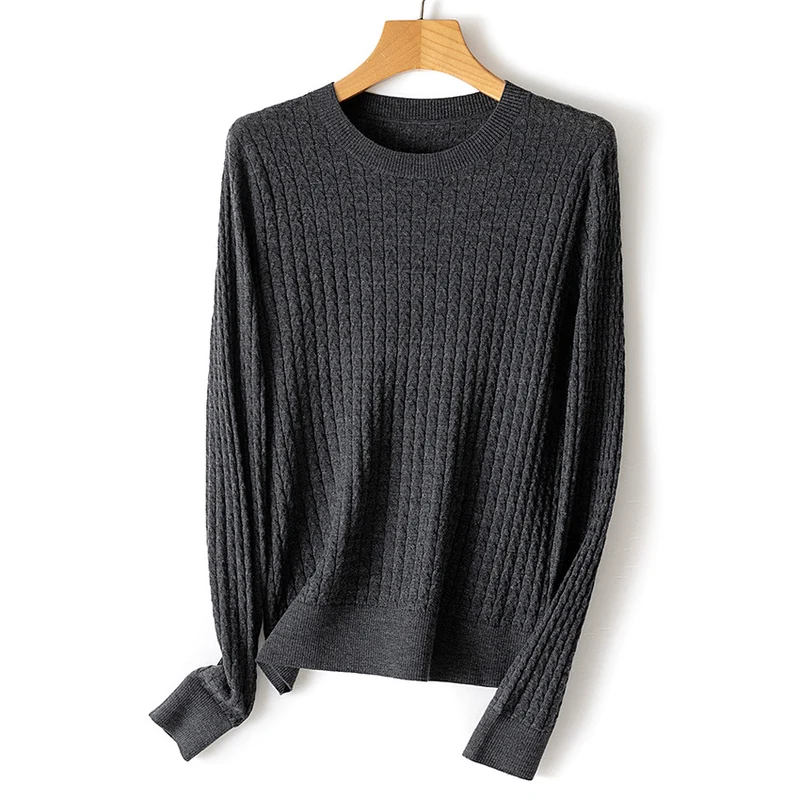 Damen Feinstrickpullover mit Zopfstrickmuster und Rundhalsausschnitt Nord Taschen