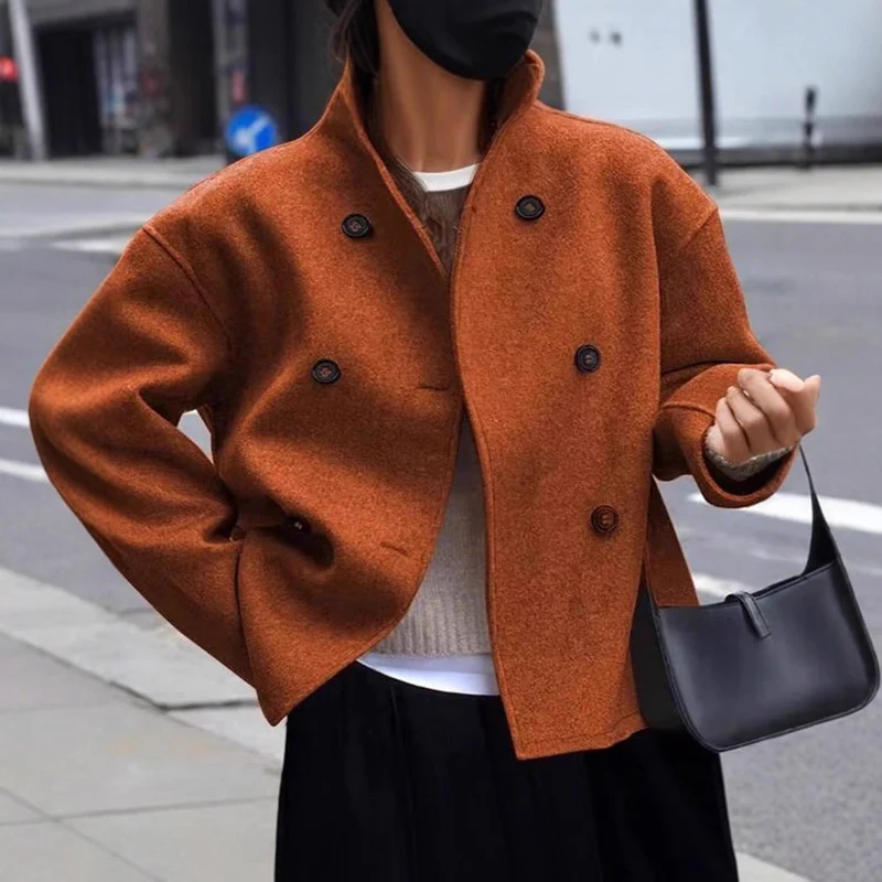 Damen modische Wolljacke mit doppelter Knopfleiste und hohen Kragen
