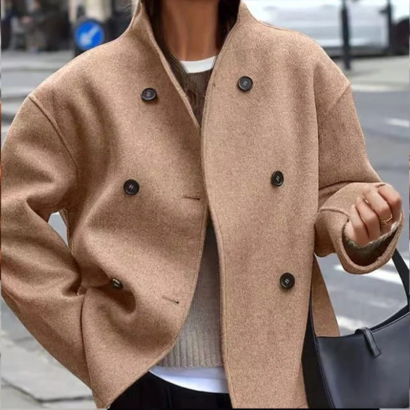 Damen modische Wolljacke mit doppelter Knopfleiste und hohen Kragen