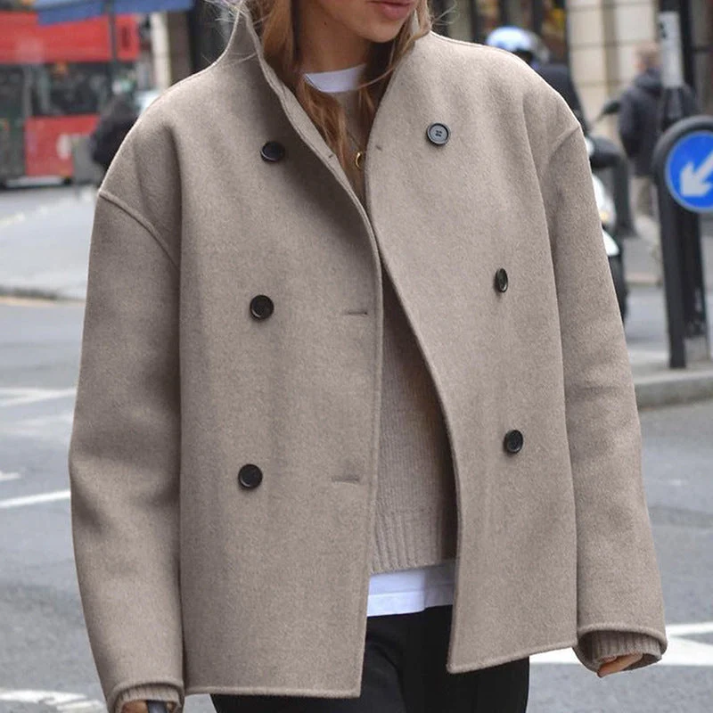 Damen modische Wolljacke mit doppelter Knopfleiste und hohen Kragen