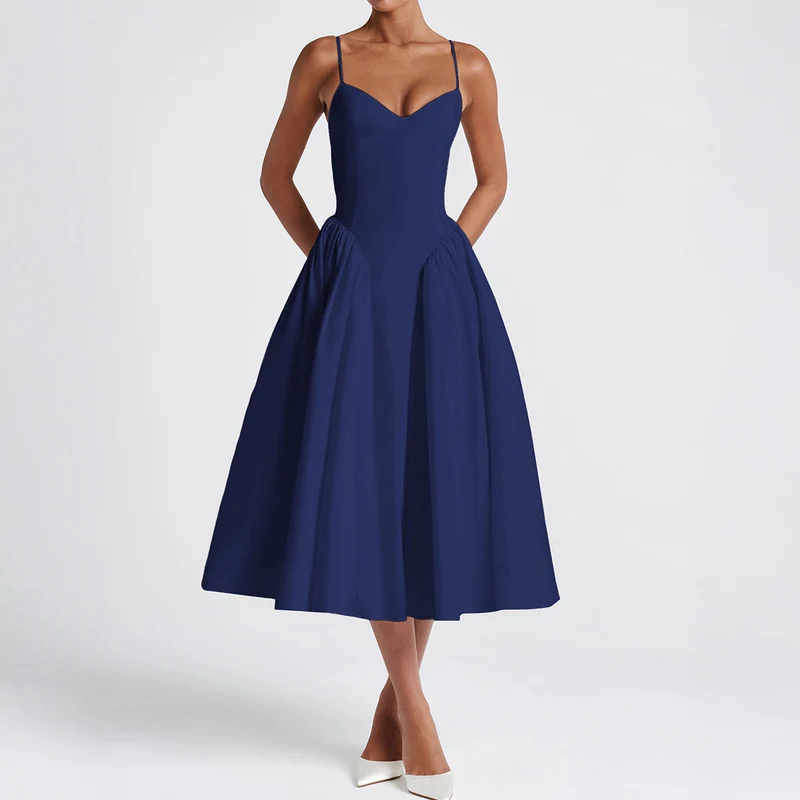 Damen A-linien Abendkleid mit verstellbaren Spaghettiträgern und schwingendem Rock