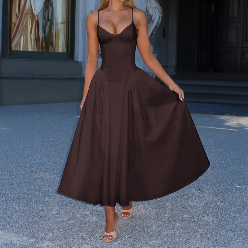 Damen A-linien Abendkleid mit verstellbaren Spaghettiträgern und schwingendem Rock