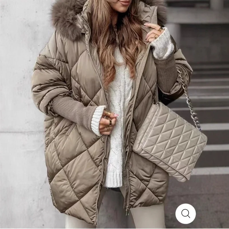 Damen langer gesteppter Winterparka mit großer Kapuze und Kunstfellbesatz Nord Taschen