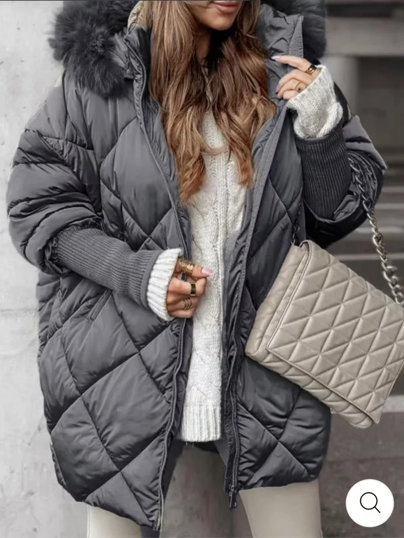 Damen langer gesteppter Winterparka mit großer Kapuze und Kunstfellbesatz Nord Taschen