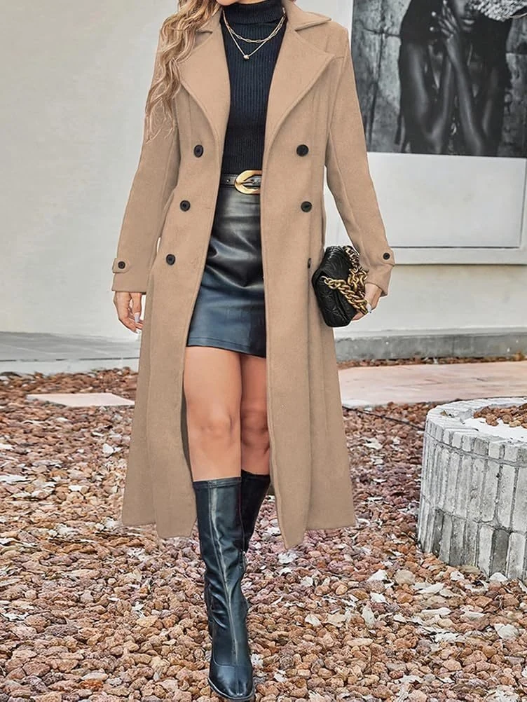 Damen Langer Doppelreihiger Wollmix-Mantel mit tailliertem Schnitt Nord Taschen
